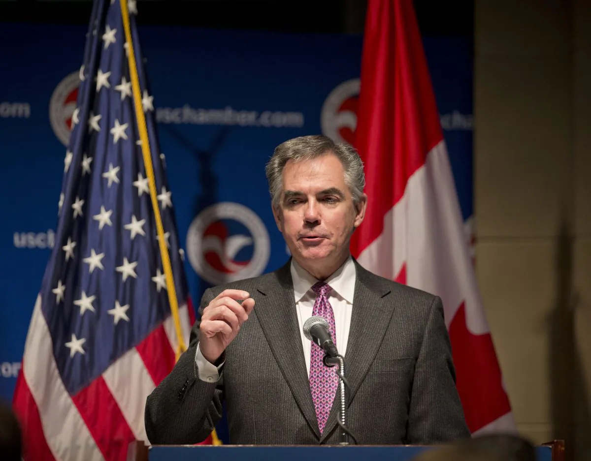 Alberta Premier Jim Prentice gives a keynote speech at the US Chamber of Commerce in Washington on Feb. 4, 2015. He addressed the main criticisms lobbed at the oilsands during the Keystone XL debate. (AP Photo/Pablo Martinez Monsivais)