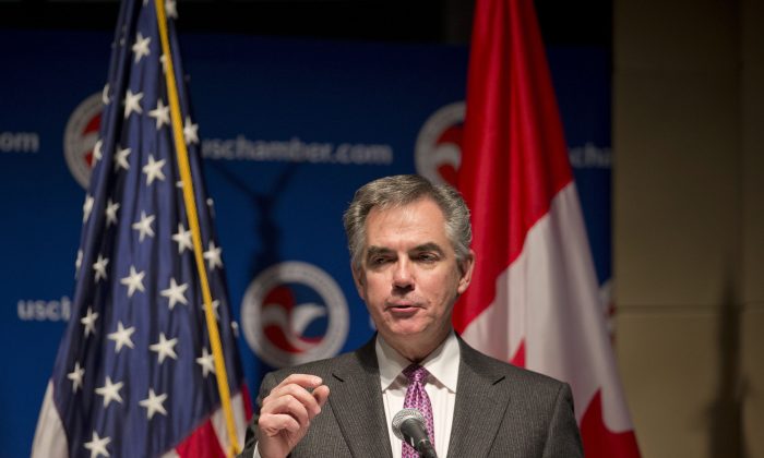 Alberta Premier Jim Prentice gives a keynote speech at the US Chamber of Commerce in Washington on Feb. 4, 2015. He addressed the main criticisms lobbed at the oilsands during the Keystone XL debate. (AP Photo/Pablo Martinez Monsivais)