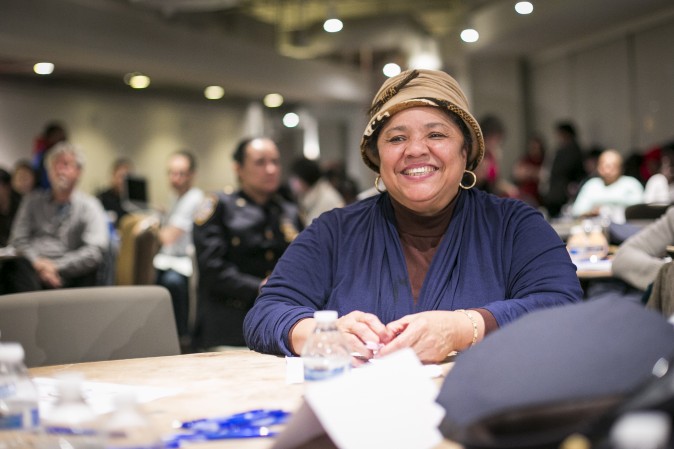 he Rev. Georgette Morgan-Thomas moderates a discussion at her roundtable on how to improve police–community relations, in Washington Heights, Manhattan, on Feb. 2. (Samira Bouaou/Epoch Times)