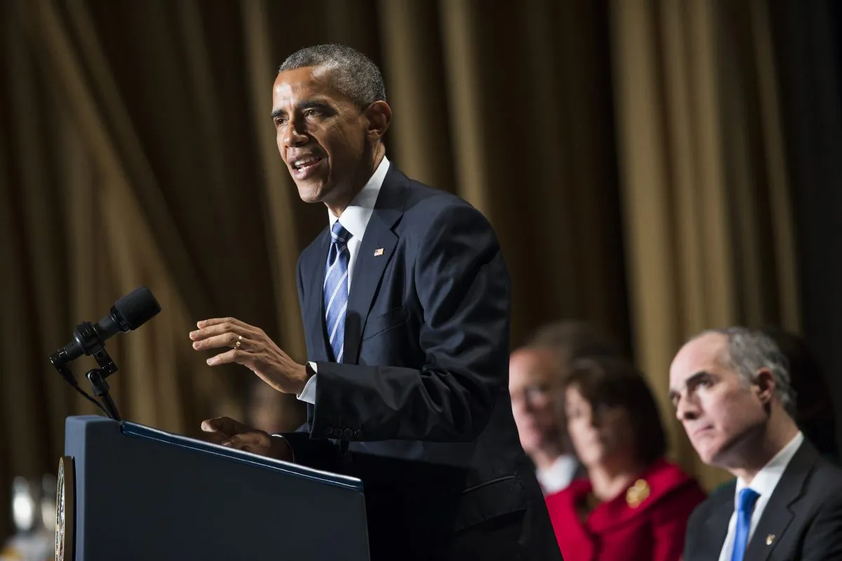 President Barack Obama speaks during the National Prayer Breakfast in Washington, Feb. 5, 2015. The president condemned those who seek to use religion as a rationale for carrying out violence around the world, declaring Thursday that "no god condones terror." (AP Photo/Evan Vucci)
