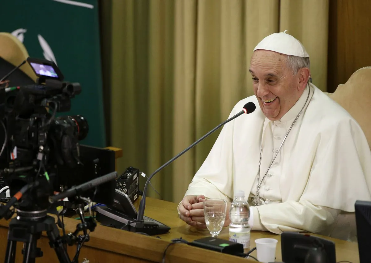 Pope Francis gives his speech in the Synod hall on the occasion of the closing ceremony of the IV Scholas Occurrentes World Educational Congress, on Feb. 5, 2015, at the Vatican. (AP Photo/Gregorio Borgia)
