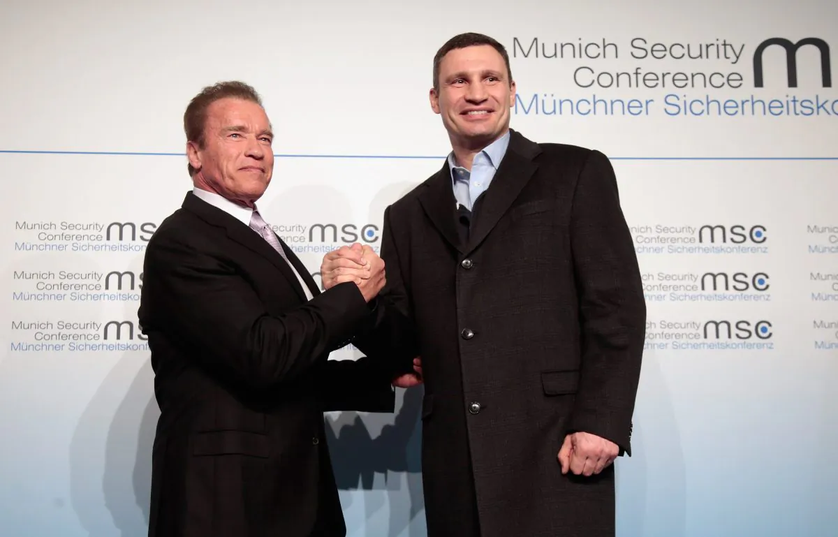 Arnold Schwarzenegger (L) and Vitali Klitschko, lord mayor of Kiev at the 51st Munich Security Conference in Munich, Germany, on Feb. 7, 2015. (Johannes Simon/Getty Images) 