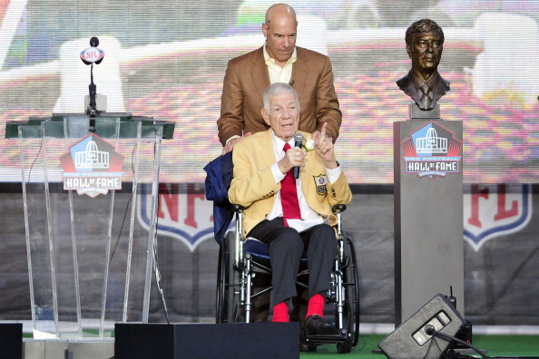 NFL Films creator Ed Sabol (in wheelchair) has died. (Jason Miller/Getty Images)