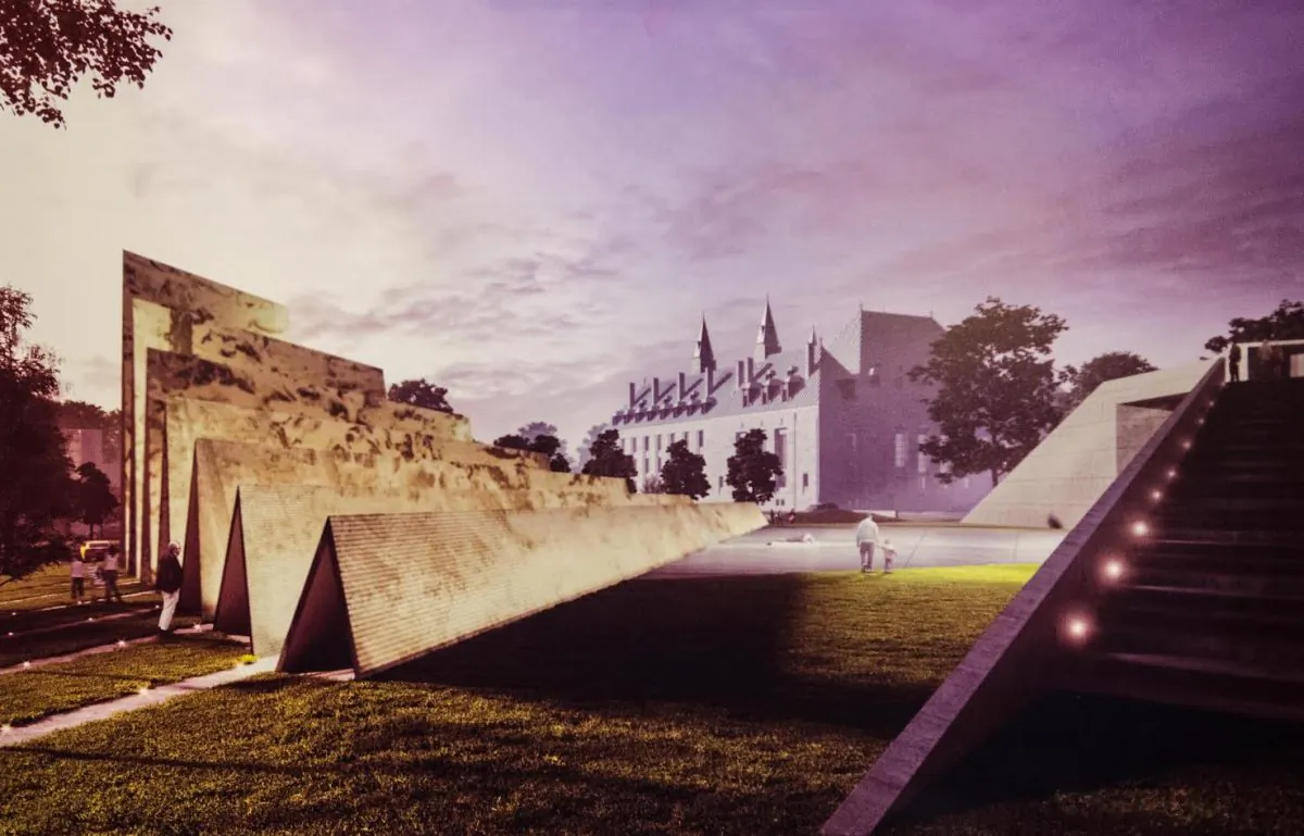 An image of the draft design of the National Memorial to Victims of Communism, with the Supreme Court of Canada in the background. In response to criticism of the location of the memorial, Ludwik Klimkowski, chair of Tribute to Liberty, says the site is symbolic and the right place for the monument. (Matthew Little/Epoch Times)