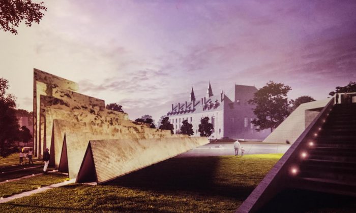 An image of the draft design of the National Memorial to Victims of Communism, with the Supreme Court of Canada in the background. In response to criticism of the location of the memorial, Ludwik Klimkowski, chair of Tribute to Liberty, says the site is symbolic and the right place for the monument. (Matthew Little/Epoch Times)