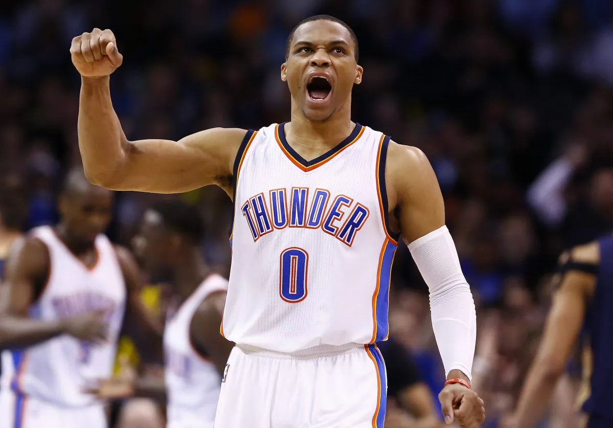 Oklahoma City Thunder guard Russell Westbrook (0) reacts after making a basket against the New Orleans Pelicans during the second half of a NBA basketball game in Oklahoma City, Friday, Feb. 6, 2015. (AP Photo/Alonzo Adams)