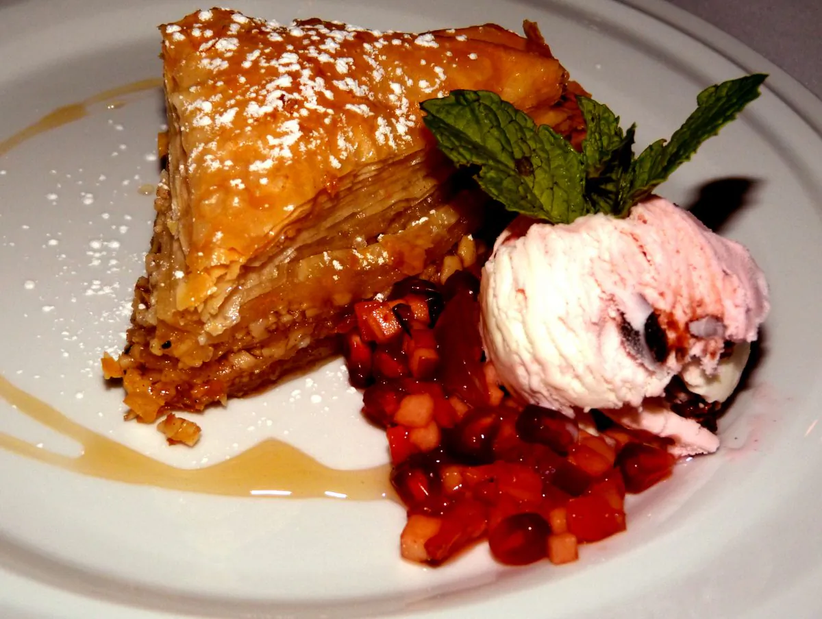 Baklava with ice cream and pomegranate seeds. (Manos Angelakis)