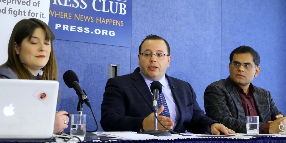 Delphine Halgand (l), USA director, Reporters Without Borders, hosts a press conference, Feb. 11, on the freedom of information in 180 countries. Ali Rezaian (c) is the brother of U.S. journalist Jason Rezaian, who is imprisoned in Iran; and Raza Rumi is a Pakistani columnist and news anchor, who narrowly escaped death from gunmen. (Gary Feuerberg/ Epoch Times)