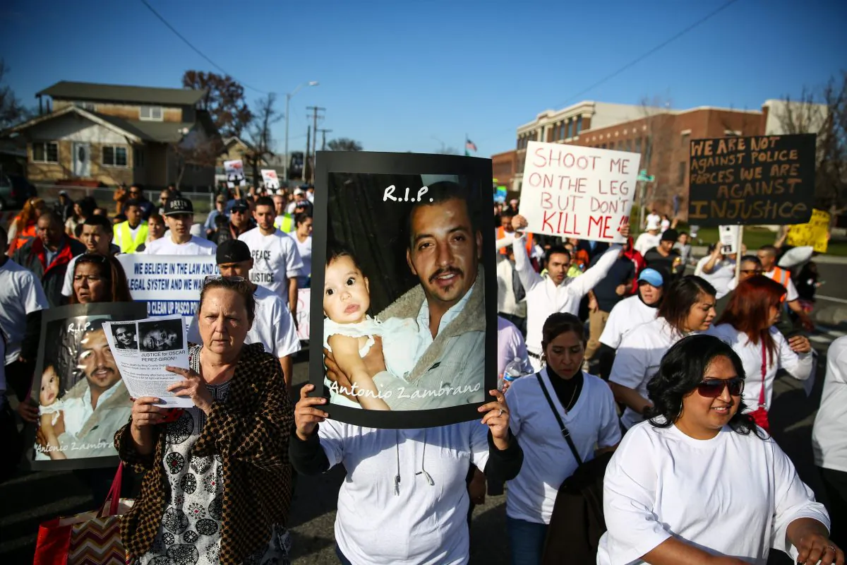 People march during a rally for Antonio Zambrano-Montes, Saturday, Feb. 14, 2015, in Pasco, Wash. Zambrano-Montes was shot and killed by Pasco police on Tuesday. (AP Photo/seattlepi.com, Joshua Trujillo) 