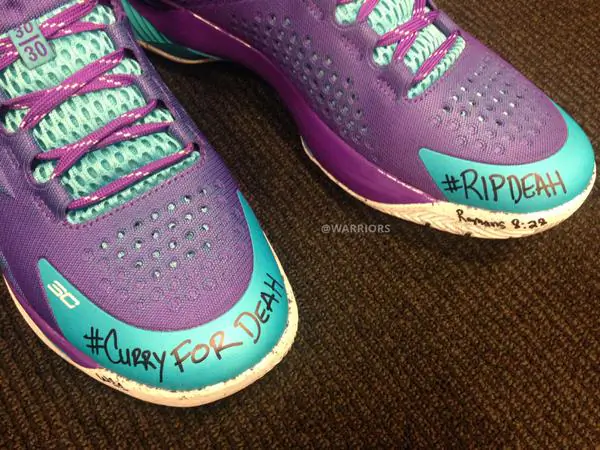 A photo posted on Twitter of Golden State Warriors point guard Stephen Curry's shoes, honoring one of the victims in Tuesday's Chapel Hill, N.C. shooting, Deah Barakat. Barakat was an avid fan of Curry. (Golden St. Warriors/Twitter)