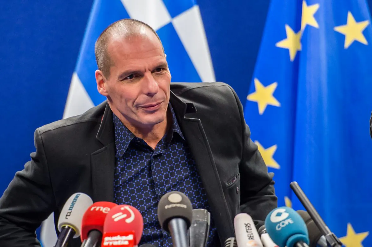 Greece's Finance Minister Yanis Varoufakis addresses the media after a meeting of Eurogroup finance ministers at the EU Council building in Brussels on Feb. 16, 2015. (AP Photo/Geert Vanden Wijngaert)
