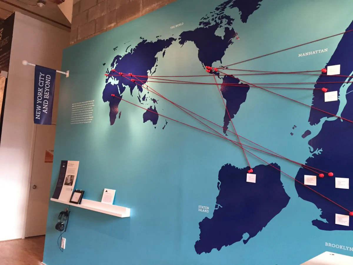 A map linking endangered languages spoken in New York City to their places of origin, at City Lore gallery on the Lower East Side, Manhattan, on Jan. 30, 2015. (Christine Lin/Epoch Times)