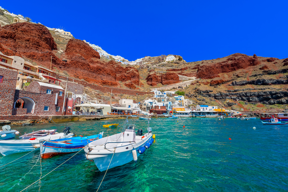 Greece Santorini island in Cyclades, Ammoudi village via Shutterstock*
