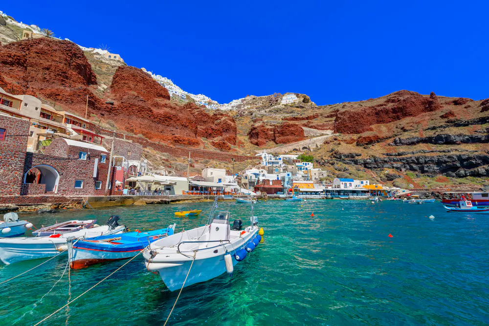 Greece Santorini island in Cyclades, Ammoudi village via Shutterstock*