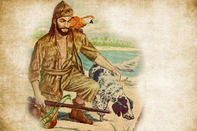 A 1948 Classics Illustrated Comic Book Cover featuring Robinson Crusoe. (Wikimedia Commons) Background: (Ivansmuck/iStock/Thinkstock)