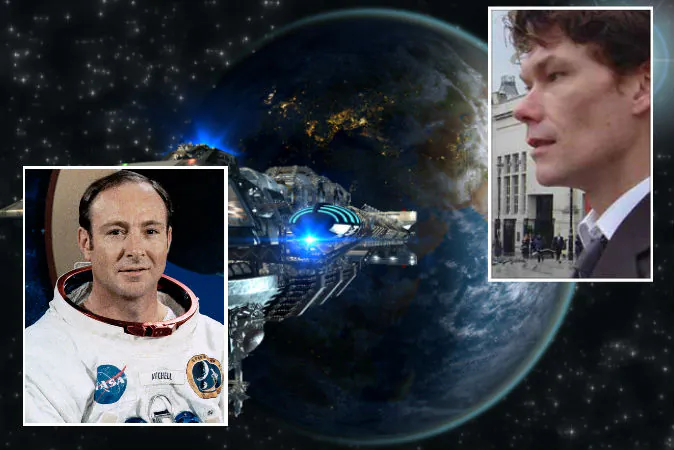 Left: Astronaut Dr. Edgar Mitchell. (NASA) Right: U.K. computer hacker Gary McKinnon, who has allegedly viewed U.S. government UFO images and excel documents describing "non-terrestrial officers." (Wikimedia Commons) Background: Illustration of a spaceship. (Shutterstock*)