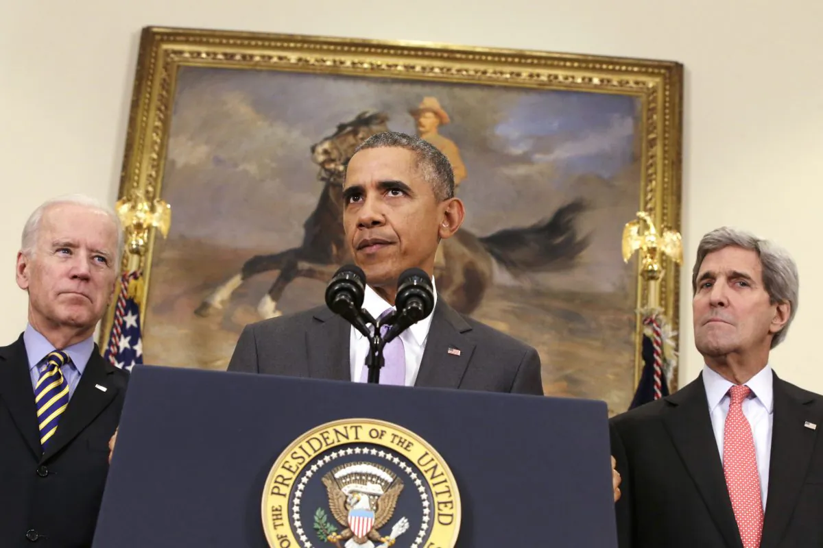 President Barack Obama, flanked by Vice President Joe Biden, left, and Secretary of State John Kerry, right, speaks about the Islamic State group in the Roosevelt Room of the White House in Washington. A White House summit this week on countering violent extremism will not focus exclusively on threats from the Islamic State group, senior administration officials said Monday, Feb. 16. (AP/Jacquelyn Martin)