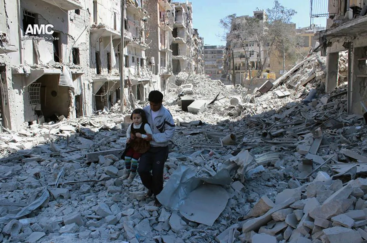 In This April 21, 2014, photo, provided by the anti-government activist group Aleppo Media Center (AMC), which has been authenticated based on its contents and other AP reporting, shows a Syrian man holding a girl as he stands on the rubble of houses that were destroyed by Syrian government forces air strikes in Aleppo, Syria.  (AP Photo/Aleppo Media Center AMC)