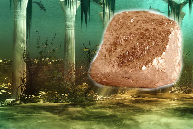 A file photo of a bronze nugget and an illustration of a sunken city. The legendary metal orichalcum of Atlantis has been thought to be a brass-like alloy. (Shutterstock*; edited by Epoch Times)