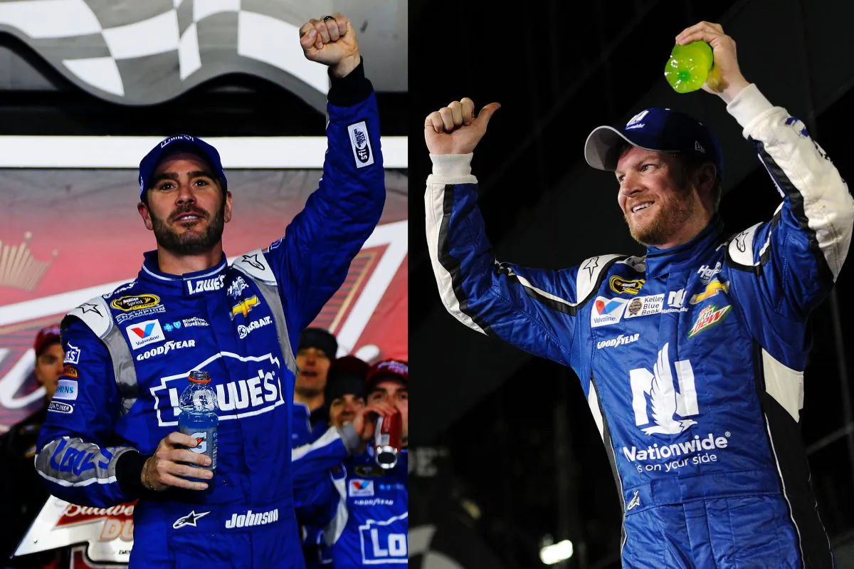 Jimmie Johnson, (R) driver of the #48 Lowe's Chevrolet, (Jerry Markland/Getty Images) and Dale Earnhardt Jr., driver of the #88 Nationwide Chevrolet, (Jared C. Tilton/Getty Images) celebrates in victory lane after winning the NASCAR Sprint Cup Series Budweiser Duels 2 and 1 at Daytona International Speedway on February 19, 2015 in Daytona Beach, Florida.