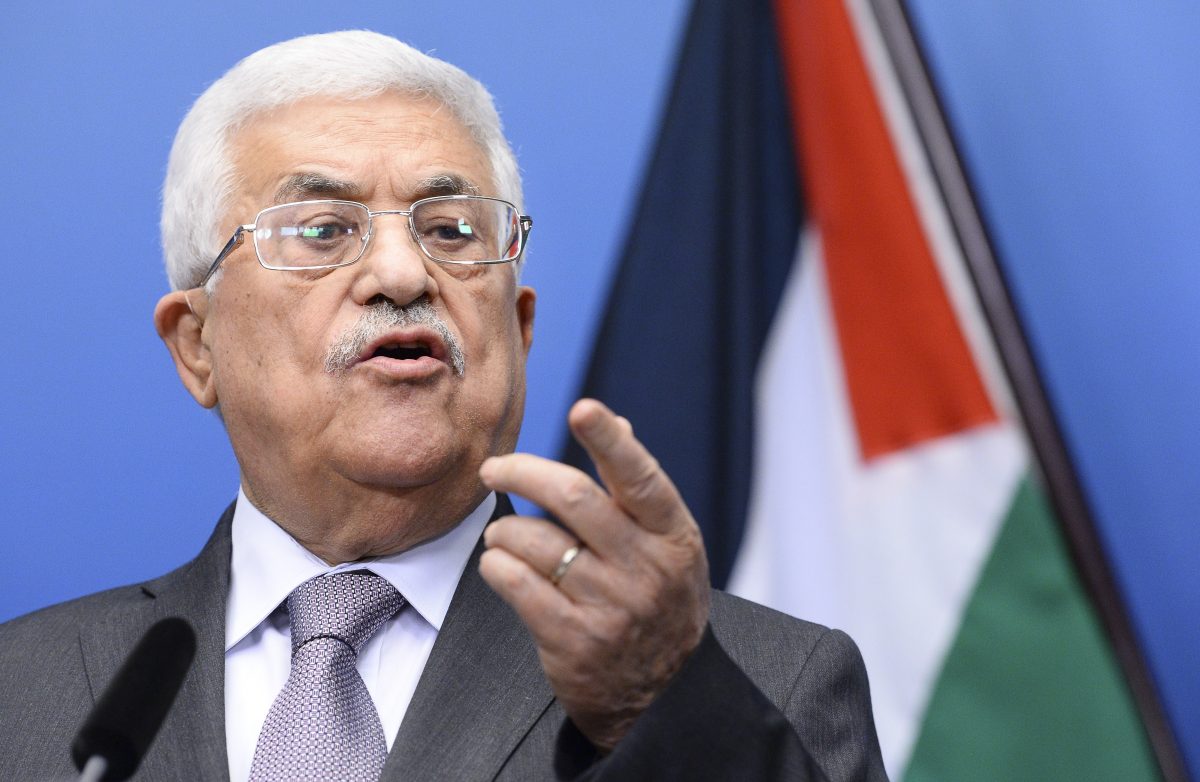 Palestinian president Mahmoud Abbas gestures during a joint press conference with Prime Minister of Sweden in the Bella Venezia room at the Rosenbad government office in Stockholm on February 10, 2015. (Jonathan Nackstrand/AFP/Getty Images)