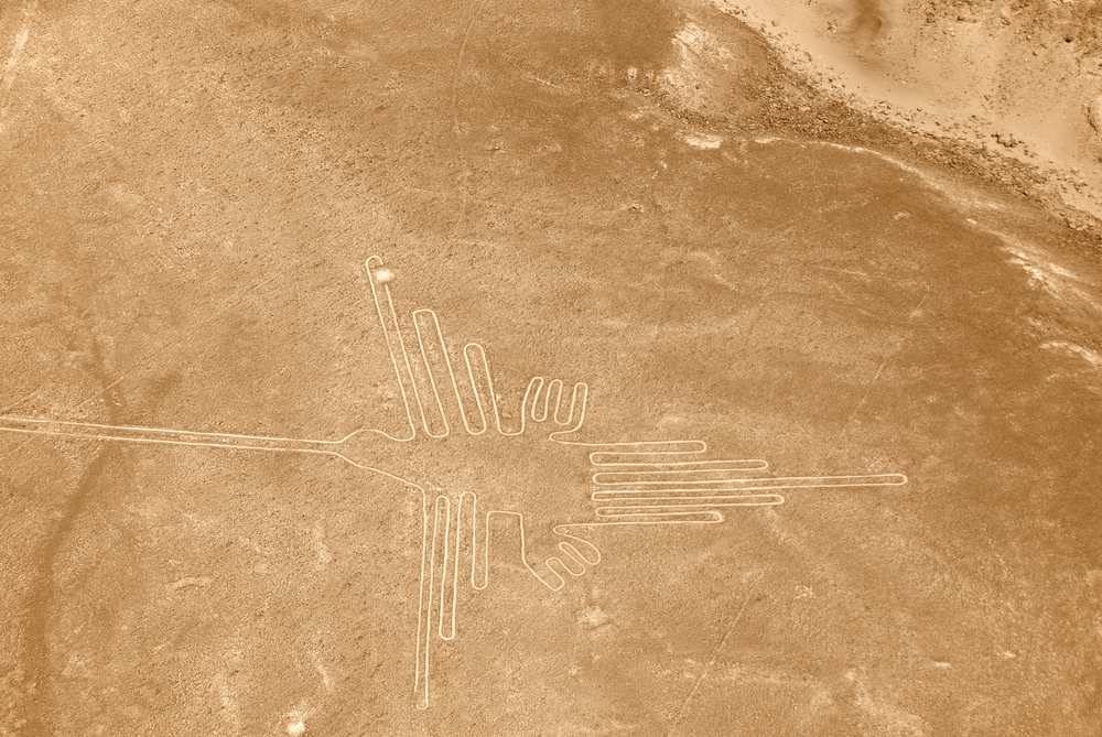Hummingbird of the Nazca Lines are a series of ancient geoglyphs located in the Nazca Desert in southern Peru via Shutterstock*