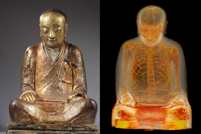 The mummy of Buddhist Master Liuquan, shown inside a Buddha statue via scans. (M. Elsevier Stokmans, Courtesy of Drents Museum)