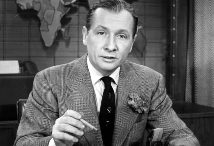 NBC newscaster John Cameron Swayze was television’s first “anchor man” – though not for presenting the news. The term referred to his status as permanent panelist of the quiz show Who Said That? (Wikimedia Commons)