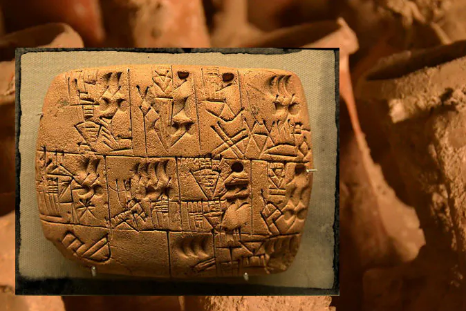 Proto-cuneiform recording the allocation of beer, probably from southern Iraq, Late Prehistoric period, about 3100–3000 B.C. (Jim Kuhn/Wikimedia Commons) Background: Collection of roman amphora, clay vases used for transporting liquids, such as wine or oil. (Shutterstock*)