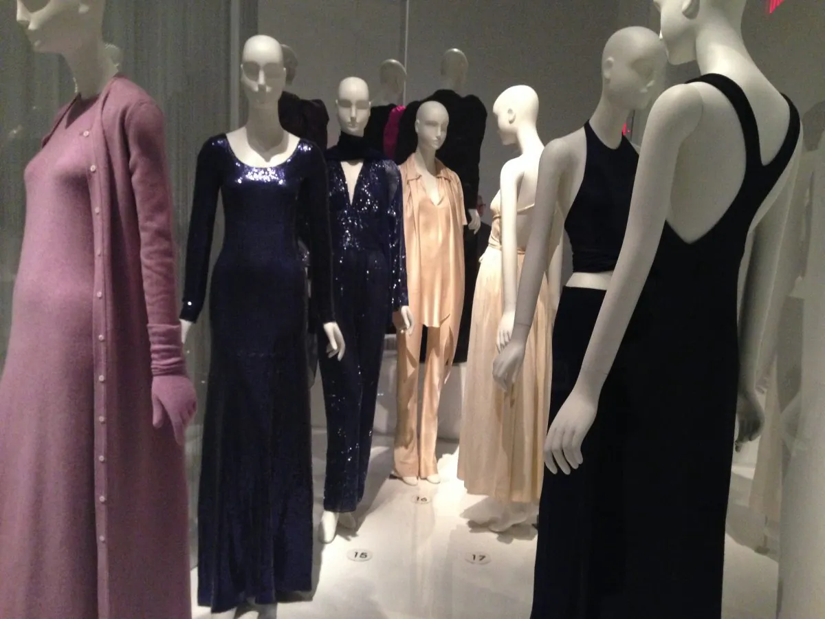 The creations of American designer Roy Halston as part of “Yves Saint Laurent + Halston: Fashioning the 70s” exhibition at The Museum at FIT. (Kati Vereshaka/Epoch Times)