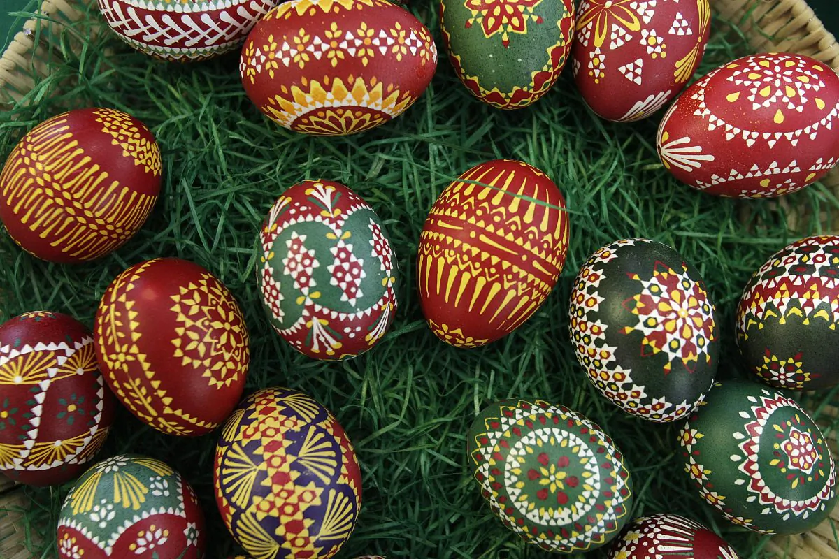 Hand-painted Easter eggs are displayed for sale in the eastern German village of Schleife, April 8, 2009. A goose feather is used to decorate the eggs with wax, which are then dipped into dye several times in this traditional painting method by members of the Slavic ethnic minority community of Sorbs. Each colour that is applied takes one hour. (REUTERS/Tobias Schwarz)