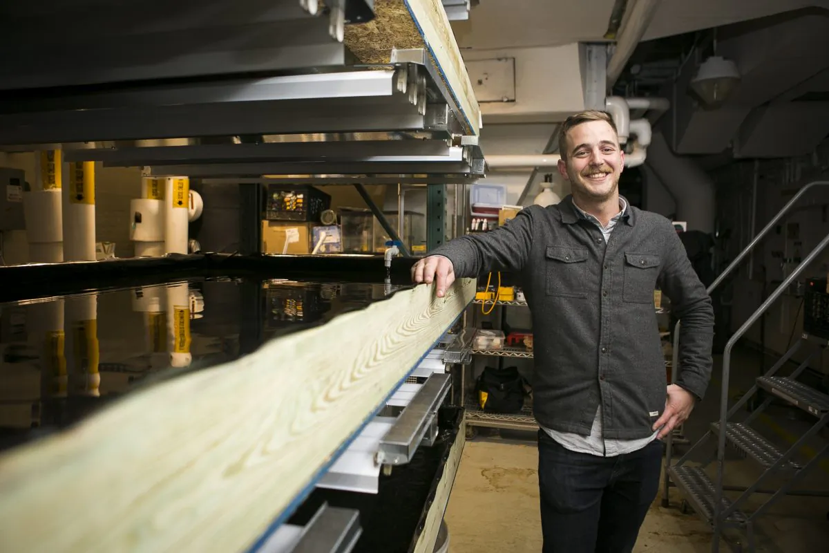 Ryan Morningstar, co-founder of VertiCulture Farms, at the farm in Bedstuy, Brooklyn, on Feb. 23. VertiCulture is a startup that aims to be the first commercial-scale aquaponic farm in New York City. (Samira Bouaou/Epoch Times)