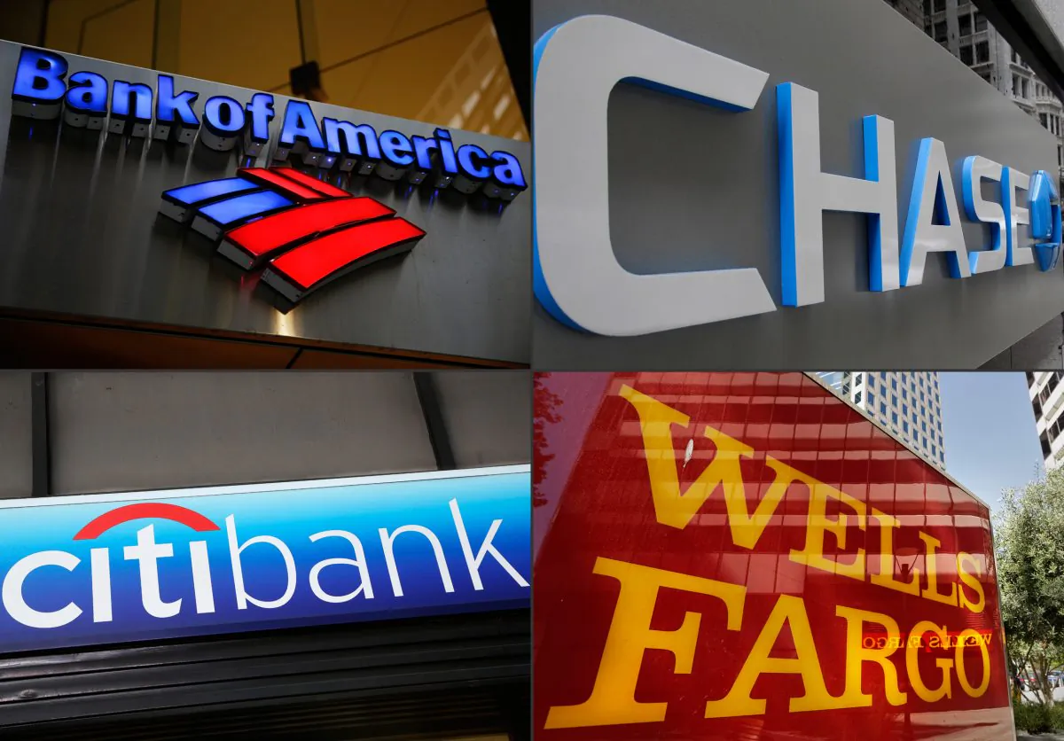 This combination of file photos of bank branches of Bank of America, Chase, Wells Fargo, and Citibank. (AP Photo)