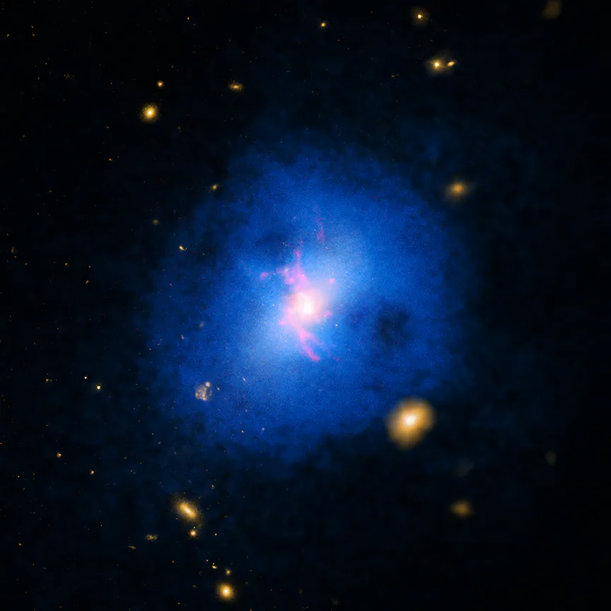 "We know that precipitation can slow us down on our way to work," says Mark Voit. "Now we know it can also slow down star formation in galaxies with huge black holes." Shown here: the galaxy cluster known as Abell 2597. (Credit: NASA/CXC/STSci/DSS/Magellan)