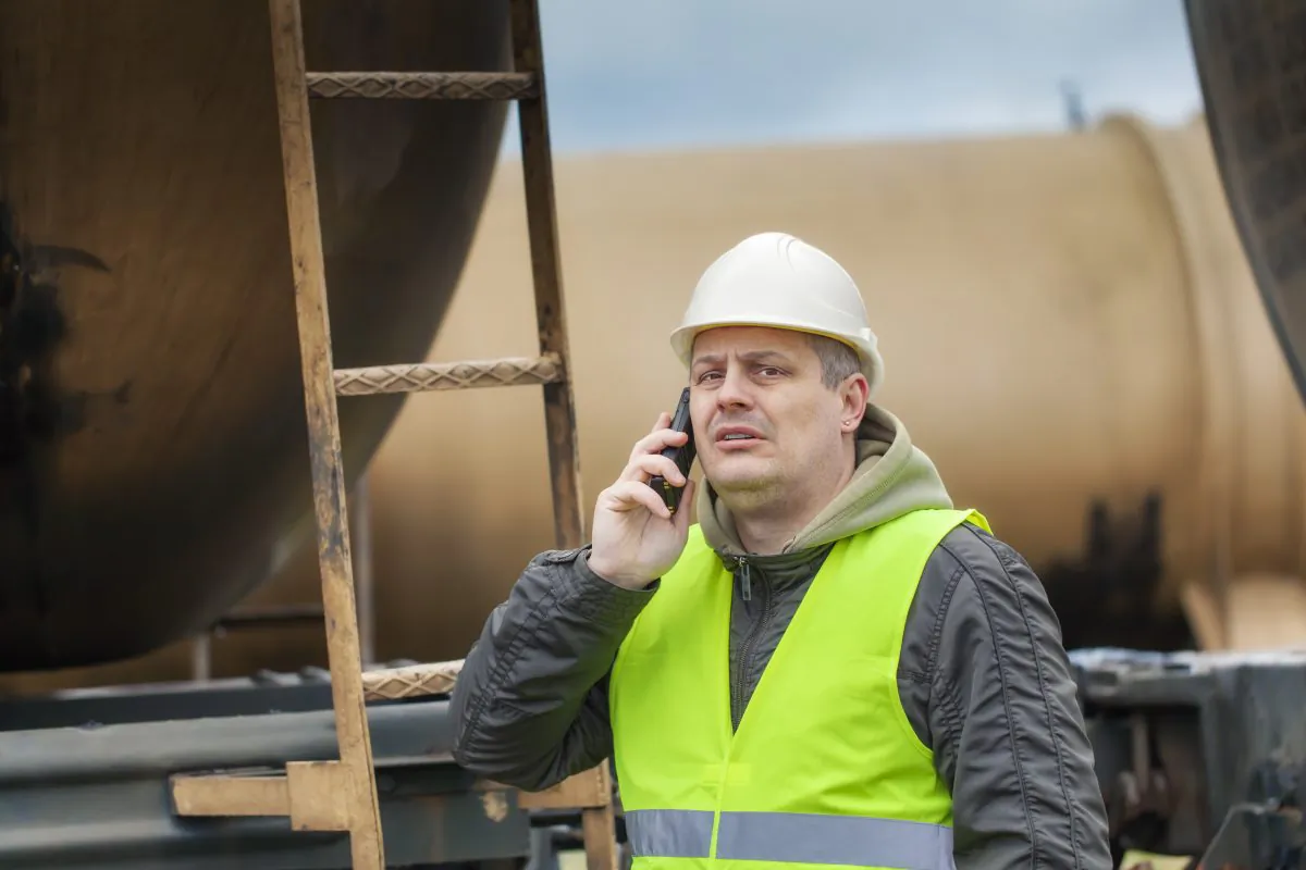 Railroad employee with cell phone near tank wagon. (Shutterstock*)