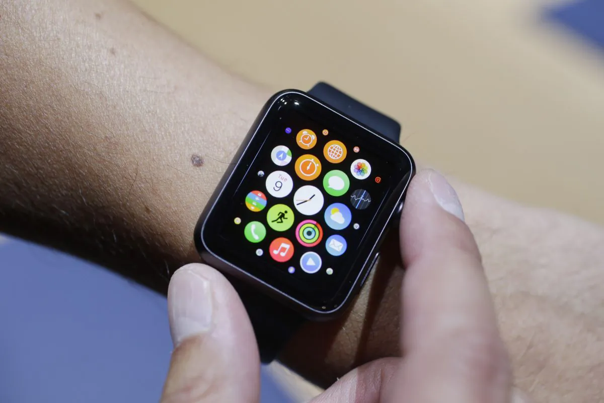 The new Apple Watch is modeled during a media event in Cupertino, Calif. on Sept. 9, 2014. (AP Photo/Marcio Jose Sanchez)