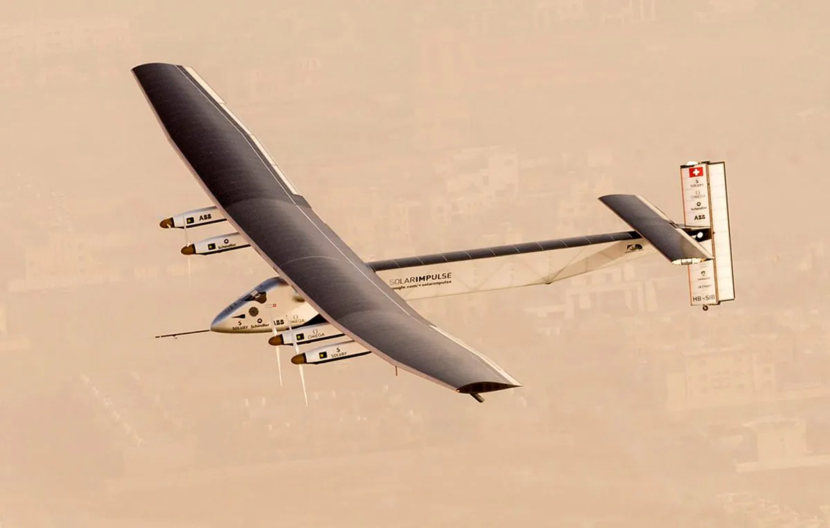 In this handout image supplied by Jean Revillard, Solar Impulse 2, a solar-powered airplane, takes flight as it begins its historic round-the-world journey from Al Bateen Airport, on March 09, 2015 from Abu Dhabi, UAE. The 35,000km journey is expected to last five months and is piloted by Andre Borschberg and Bertrand Piccard of Switzerland. The Solar Impulse 2 is equipped with 17,000 solar cells, has a wingspan of 72 metres, and yet weighs just over 2 tonnes. (Jean Revillard via Getty Images)