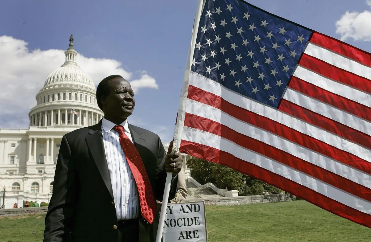 Former Sudanese slave Simon Deng stands in front of the U.S. Capitol after he completed a 300-mile walk from New York to Washington to shed light on the genocide and modern-day slavery in Sudan, on April 5, 2006. (Mark Wilson/Getty Images)