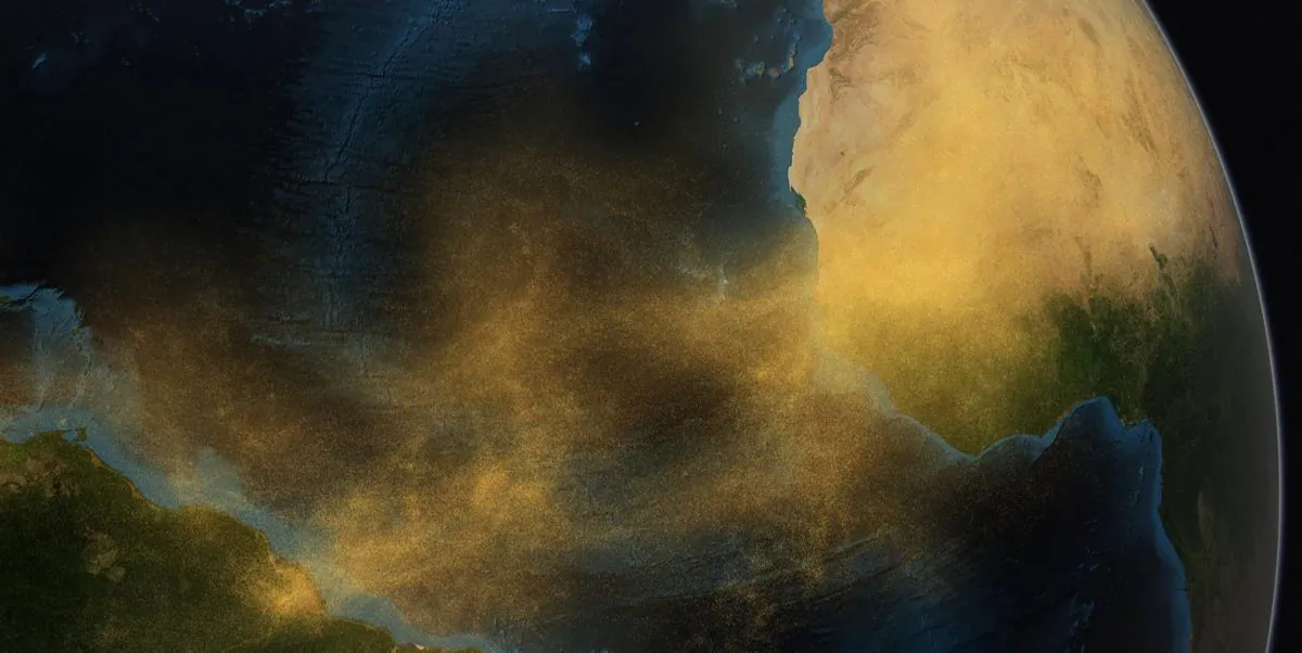 A conceptual image showing dust from the Sahara Desert crossing the Atlantic Ocean to the Amazon rainforest in South America. (Conceptual Image Lab, NASA/Goddard Space Flight Center)