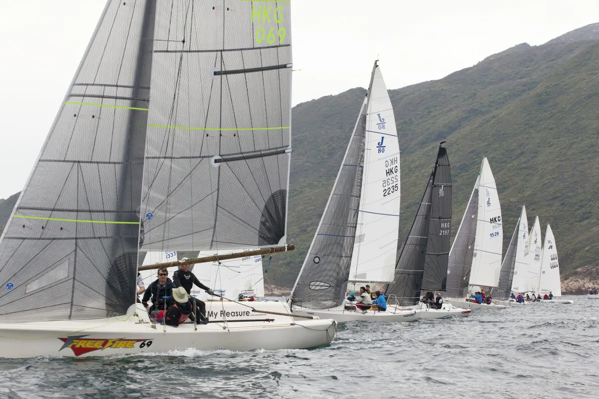 Long Course competitors start Race-4 of the RHKYC Jeanneau Class Regatta in Port Shelter on Sunday March 8, 2015. (RHKYC/Guy Nowell)