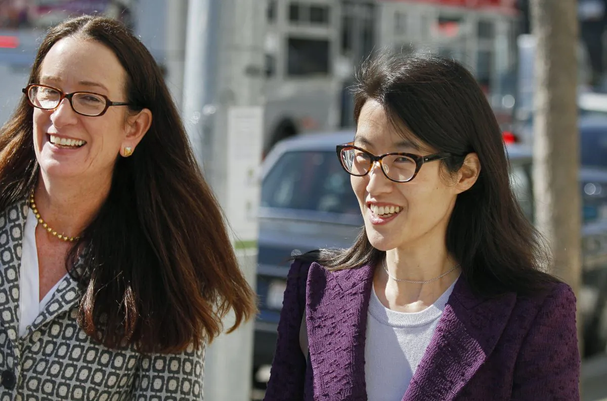 In this Feb. 24, 2015, file photo, Ellen Pao, right, leaves the Civic Center Courthouse along with her attorney, Therese Lawless, left, during a lunch break in her trial in San Francisco. Plaintiff Pao testified Monday, March 9, 2015, that female employees were treated disrespectfully at the firm of Kleiner Perkins Caufield & Byers, and some were not even invited, when the company held a series of events. Pao also told the jury at the civil trial that she complained to management about the atmosphere at Kleiner Perkins Caufield & Byers after learning a female colleague had complained about alleged sexual harassment. The investigator hired by the firm to investigate Pao's complaint concluded there was no gender discrimination at the firm. (AP Photo/Eric Risberg, File)