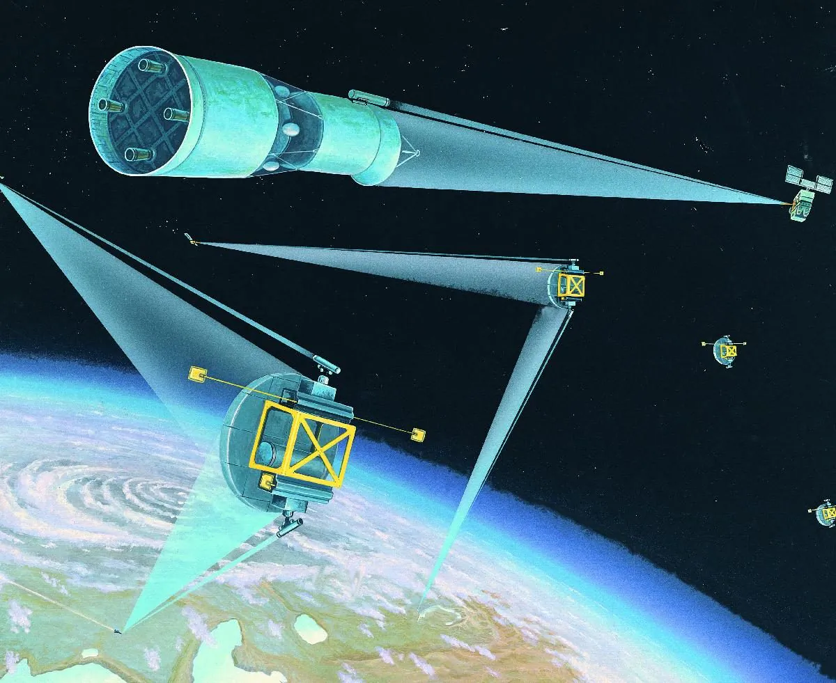 A Cold War artist’s rendering of a proposed Soviet anti-ballistic missile satellite. In recent years, space-based assets have factored greatly into the Chinese military's overall strategic planning. 
(Ronald C. Wittmann/Defense Intelligence Agency) 
