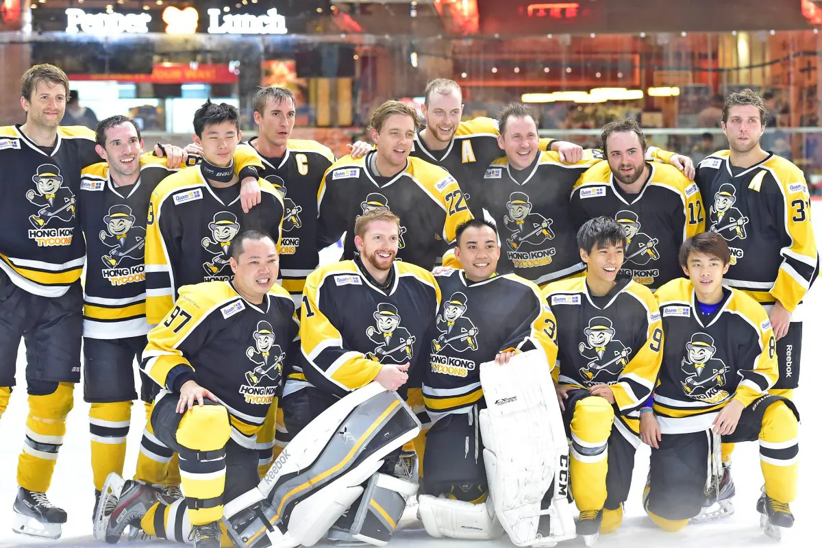 Hong Kong Tycoons celebrate winning the playoff final in the CIHL at Mega Ice on Saturday March 14, 2015. (Patrick Calkins)
