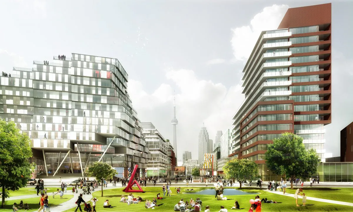 The centrepiece of Canary District is the newly built Corktown Common Park, a 19-acre active, vibrant, gateway to the city’s 350 sq. km. parks and trails network. (DREAM Unlimited Corp.)
