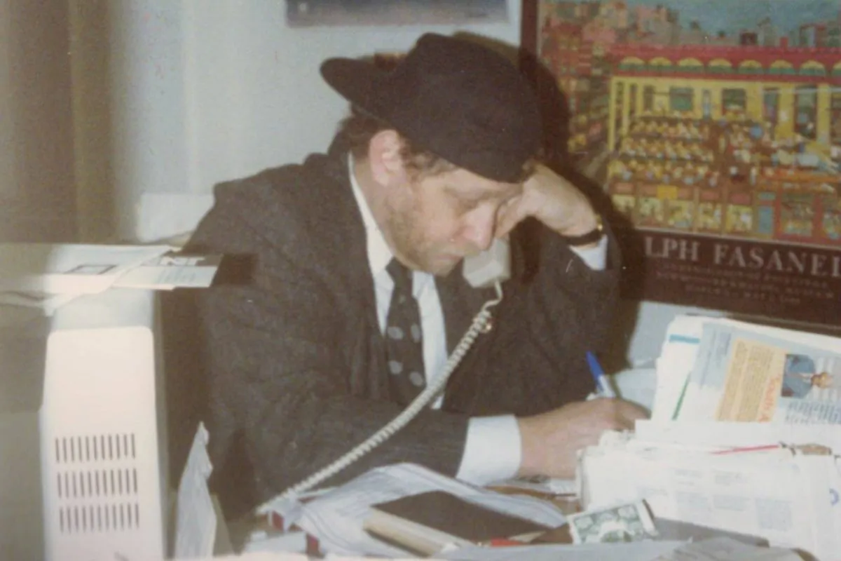 Danny Schechter at work in his office in Mulberry Street, New York City, 1989, during the production of the "South African Now" TV series. (Lisa Brittan)