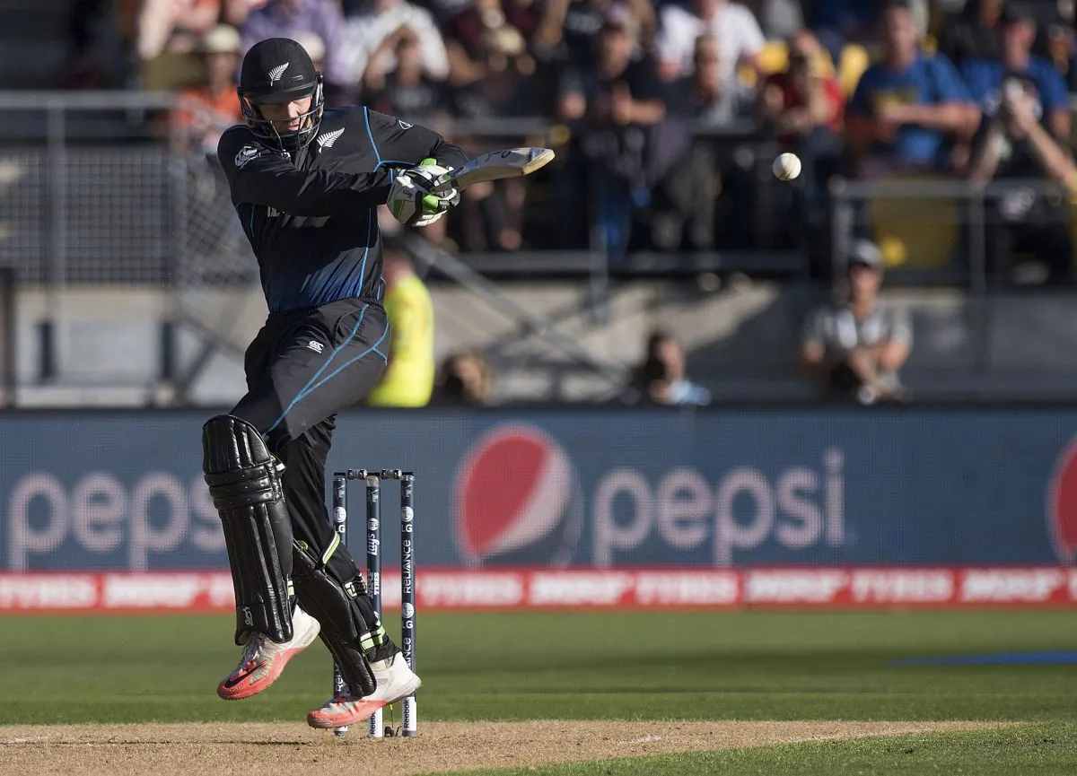 New Zealand batsman Martin Guptill plays a shot during the Cricket World Cup quarter-final match between New Zealand and the West Indies at Wellington Regional Stadium in Wellington on March 21, 2015. (Marty Melville/AFP/Getty Images)