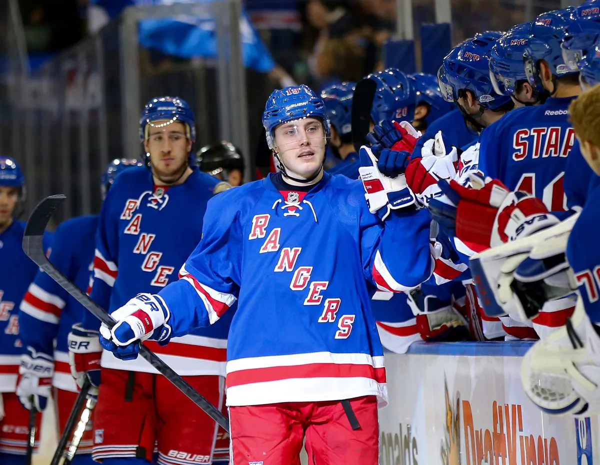 New York’s Jesper Fast celebrates his goal against Anaheim on March 22, 2015 at Madison Square Garden in New York City. The New York Rangers defeated the Anaheim Ducks 7–2 in a battle of Presidents’ Trophy hopefuls. (Elsa/Getty Images)