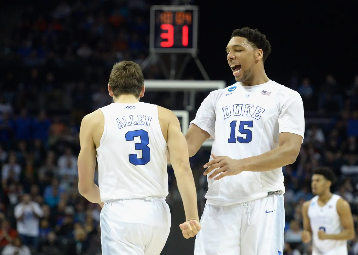 Duke teammates Grayson Allen (L) and Jahlil Okafor have the Blue Devils poised for another Final Four trip. (Grant Halverson/Getty Images) 