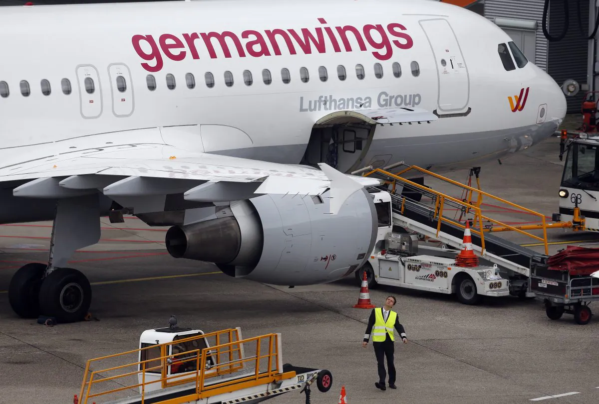 An Airbus 320 of Germanwings is parked at the airport as their pilots went on strike in Duesseldorf, Germany.  (AP/Frank Augstein)