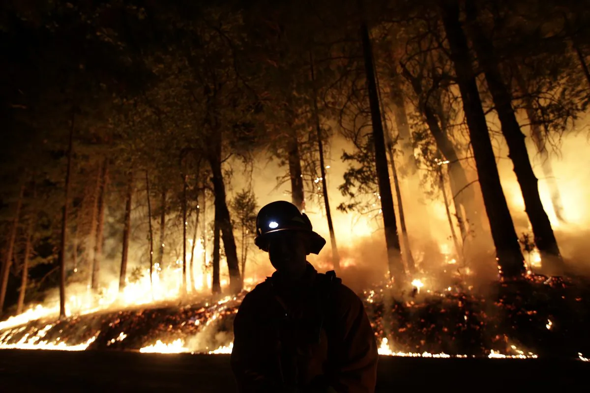 A firefighter watches for spot fires during a burnout operation while battling the Rim Fire near Yosemite National Park, Calif., on Sunday, Aug. 25, 2013. (AP Photo/Jae C. Hong)